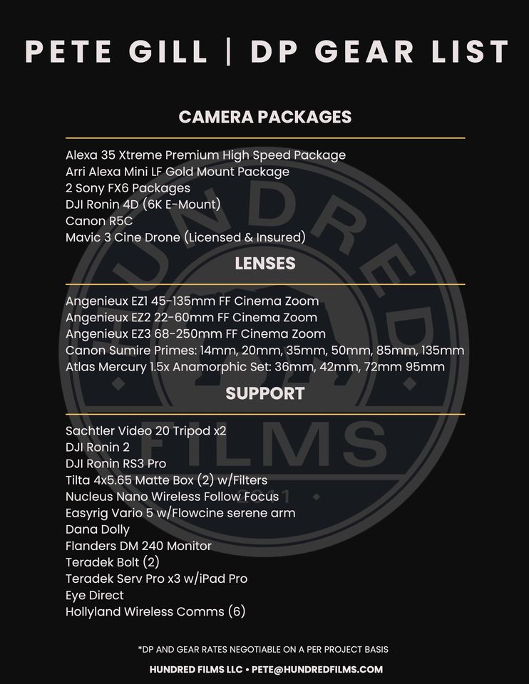 Hundred Films gear list